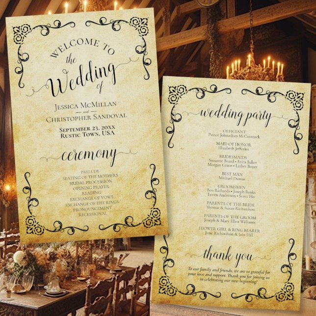 Vintage Parchment & Scrolls Budget Wedding Program (Front/Back)