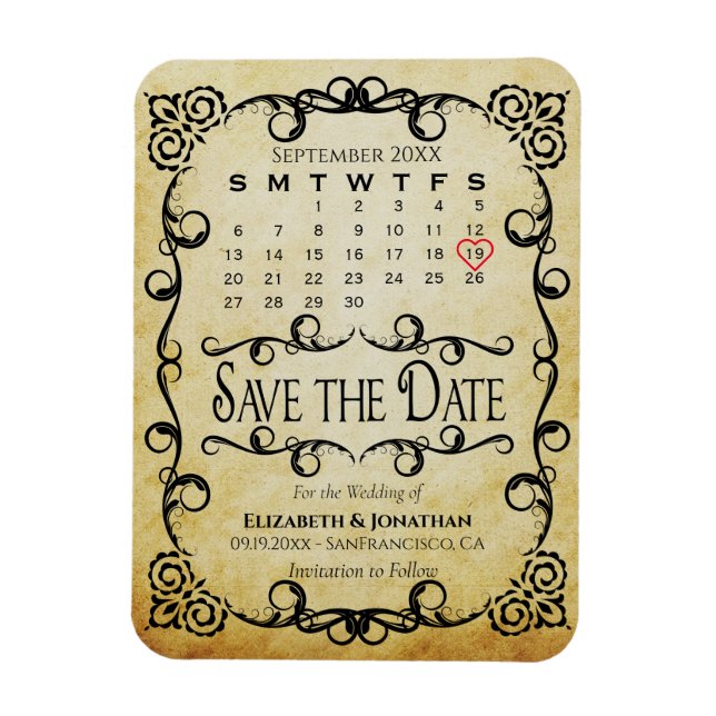 Vintage Parchment Wedding Save the Date Calendar Magnet (Vertical)