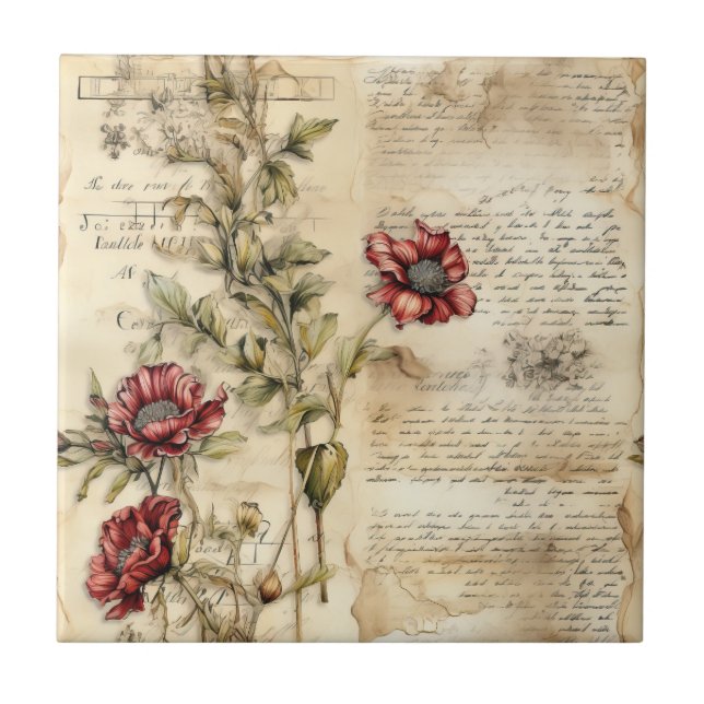 Vintage Parchment with Elegant Floral Decoupage Tile (Front)