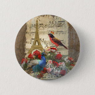 Vintage Paris & bird music sheet collage 6 Cm Round Badge
