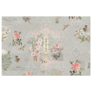 Vintage Paris Blush Pink Grey Flowers Decoupage Tissue Paper