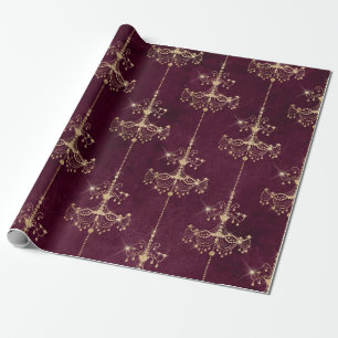 Vintage Paris Burgundy and Gold Chandelier pattern Wrapping Paper