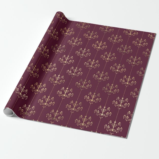 Vintage Paris Burgundy and Purple Chandelier Wrapping Paper (Unrolled)