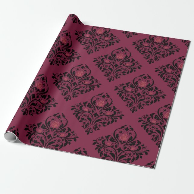 Vintage Paris Burgundy and Purple Damask Wrapping Paper (Unrolled)