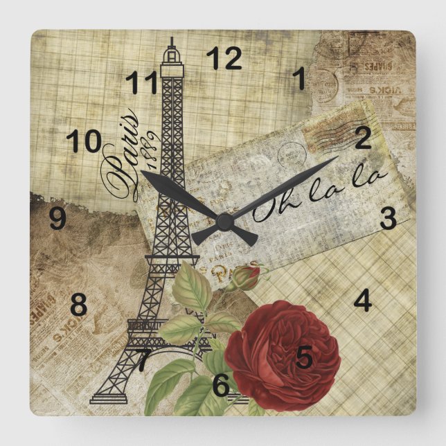 Vintage Paris Design Square Wall Clock (Front)