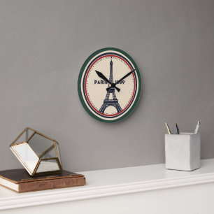 Vintage Paris Eiffel Tower 1889 Travel Stamp Wall  Round Clock