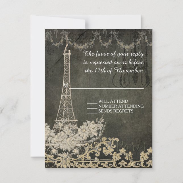 Vintage Paris Eiffel Tower Black Tan Wedding RSVP  (Back)