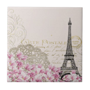 Vintage Paris Eiffel Tower Floral Art Illustration Tile