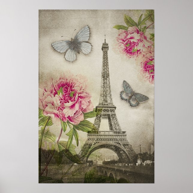 Vintage Paris Eiffel Tower Peonies poster (Front)