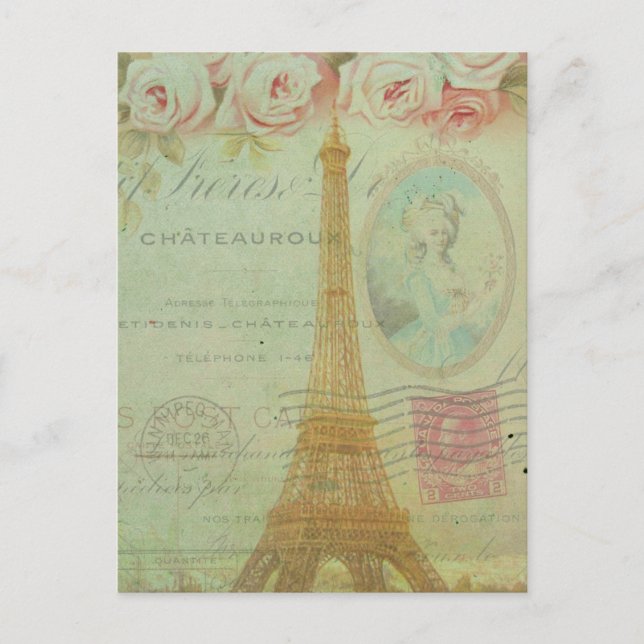Vintage Paris Eiffel Tower Roses French Inspired Postcard (Front)
