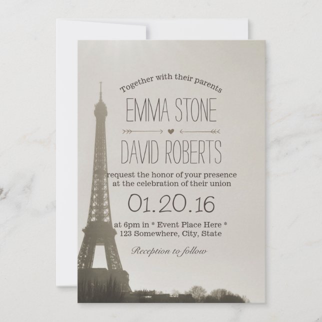 Vintage Paris Eiffel Tower Wedding Invitation (Front)