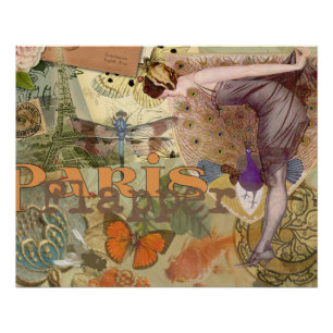 Vintage Paris Flapper Art Deco Peacock Collage Poster