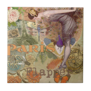 Vintage Paris Flapper Art Deco Peacock Collage Tile
