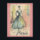 Vintage Paris France Eiffel Tower French Fashion Postcard<br><div class="desc">Anyone fashion lover would love to receive this vintage postcard featuring a retro illustration of a French woman in Paris,  France near the Eiffel Tower!</div>