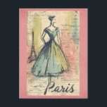 Vintage Paris France Eiffel Tower French Fashion Postcard<br><div class="desc">Anyone fashion lover would love to receive this vintage postcard featuring a retro illustration of a French woman in Paris,  France near the Eiffel Tower!</div>