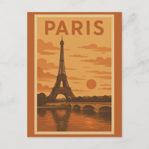 Vintage Paris France Eiffel Tower Sunset Travel Postcard