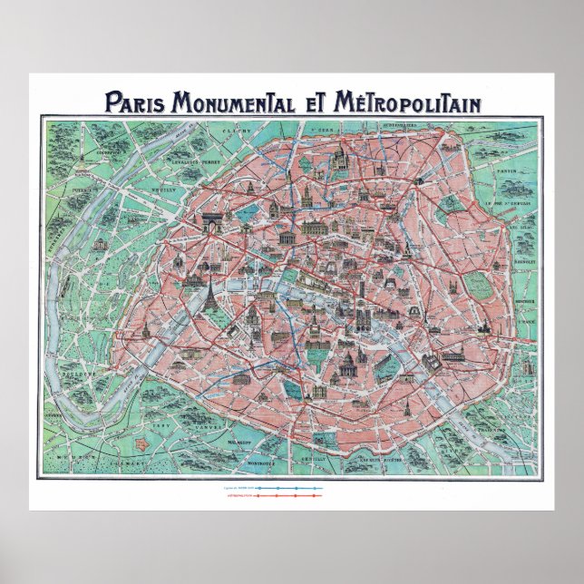 Vintage Paris France Map 1932 Poster (Front)