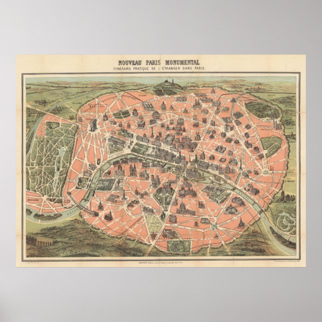 Vintage Paris France Monument Map (1882) Poster (Front)