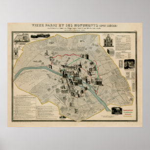 Vintage Paris France Monuments & Landmarks Map Poster