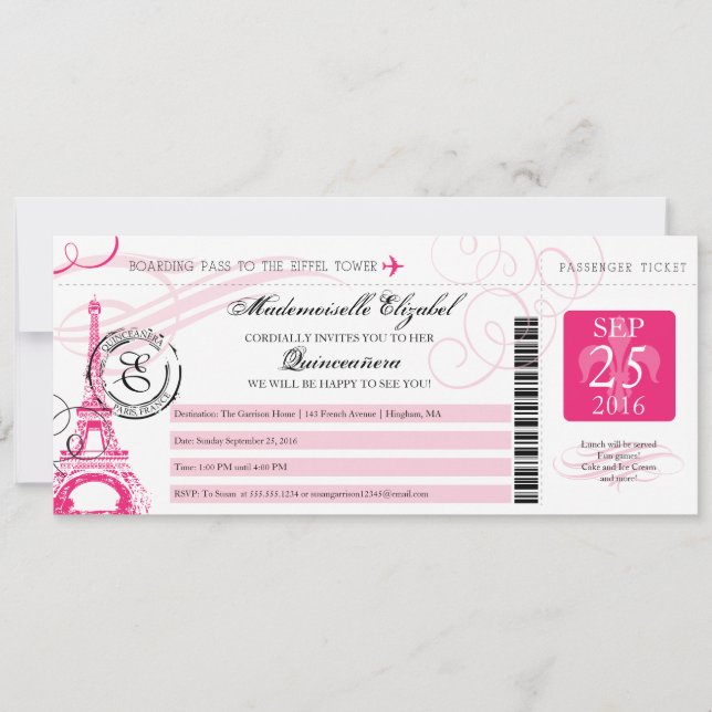 Vintage Paris France Quinceanera Boarding Pass Invitation (Front)