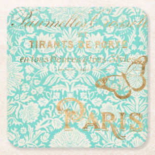Vintage Paris Gold Design With Butterfly Square Paper Coaster