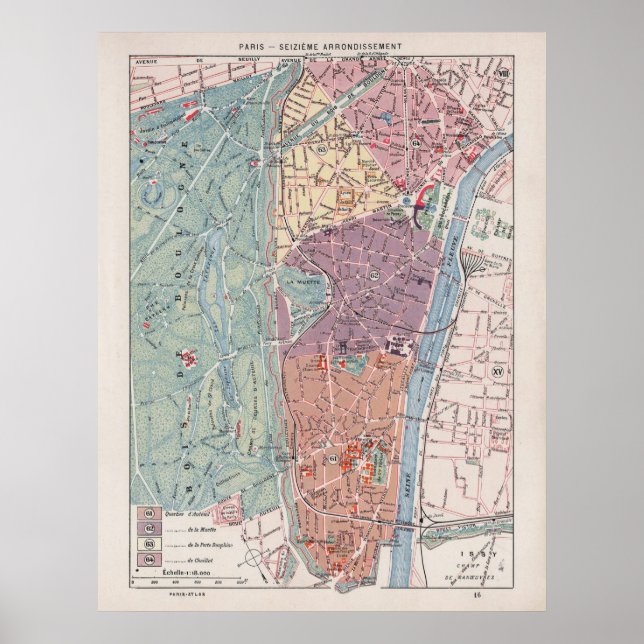 Vintage Paris Map, 1900 - 16th Arrondissement Poster (Front)