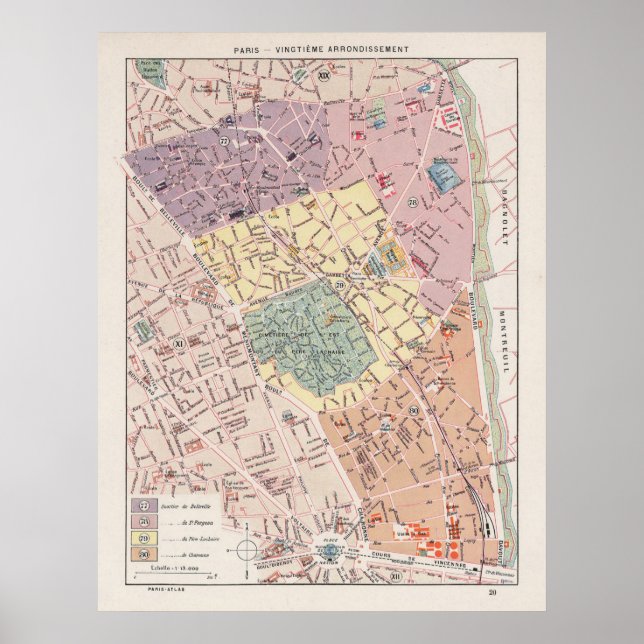 Vintage Paris Map, 1900 -  20th Arrondissement Poster (Front)