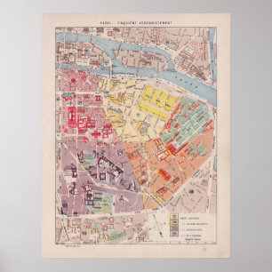 Vintage Paris Map, 1900 - 5th Arrondissement Poster