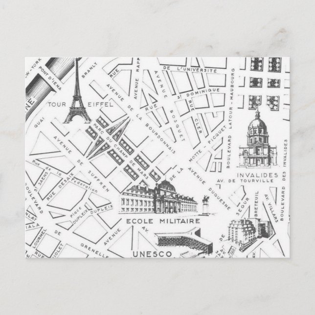 Vintage Paris Map B&W Postcard (Front)