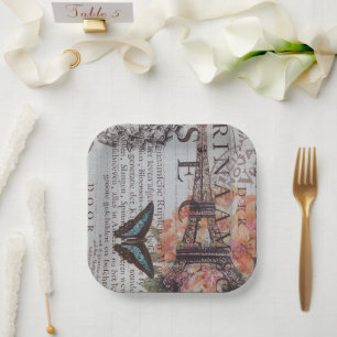 Vintage Paris Party French Botanical Eiffel Tower Paper Plate