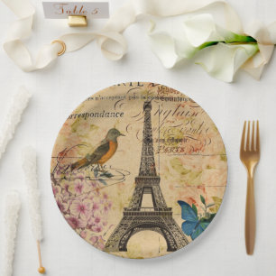 Vintage Paris Party French Botanical Eiffel Tower Paper Plate