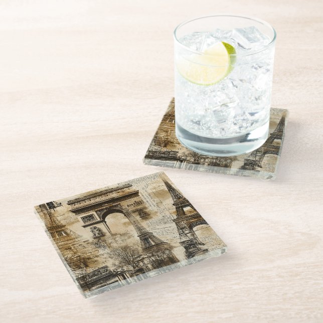 Vintage Paris Pattern – Eiffel Tower Landmarks Glass Coaster (Angled)