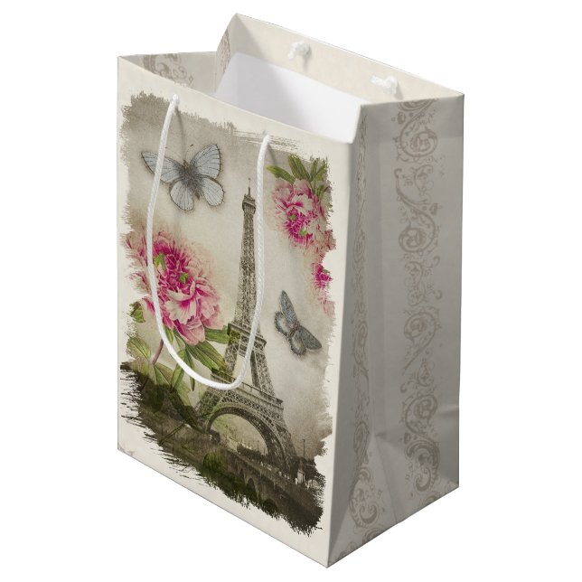Vintage Paris Peonies French Collage Gift Bag (Front Angled)