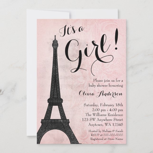 Vintage Paris Pink Black Girl Baby Shower Invitation (Front)