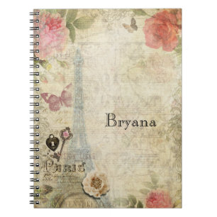 Vintage Paris Pink Roses Lock & Key Shabby Chic Spiral Notebook