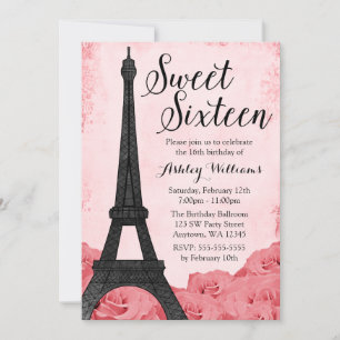 Vintage Paris Pink Roses Sweet 16 Birthday Invitation