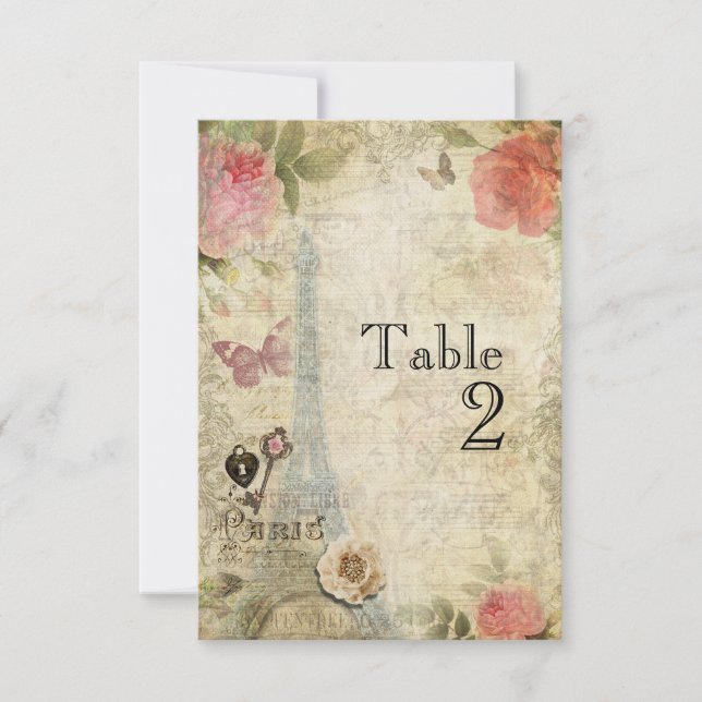Vintage Paris Pink Roses Wedding Table Number Card (Front)