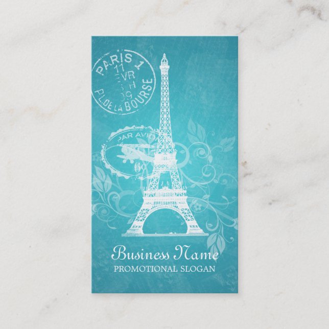 Vintage Paris Postcard Blue Business Card (Front)