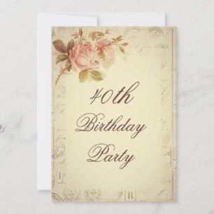 Vintage Paris Postmarks Chic Roses 40th Birthday Invitation