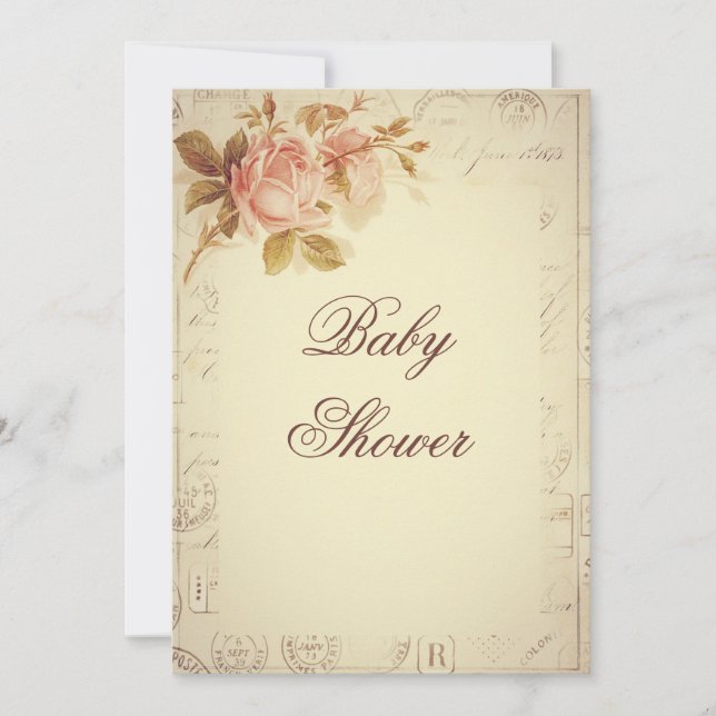 Vintage Paris Postmarks Chic Roses Baby Shower Invitation (Front)