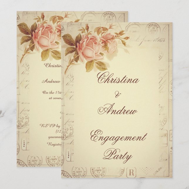 Vintage Paris Postmarks Chic Roses Engagement Invitation (Front/Back)