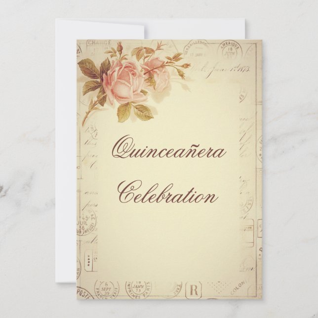Vintage Paris Postmarks Chic Roses Quinceañera Invitation (Front)