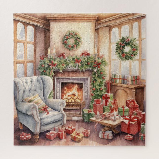Vintage Parlour Christmas Presents Fireplace Jigsaw Puzzle (Vertical)