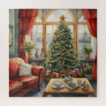 Vintage Parlour Christmas Tree Fireplace Jigsaw Puzzle<br><div class="desc">This puzzle will be challenging in a vintage parlour scene with a Christmas tree and a fireplace.
Available in any square size.  This one is 676 pieces</div>