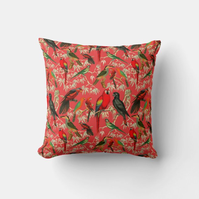 Vintage Parrot and Tropical Bird Pattern Cushion (Front)