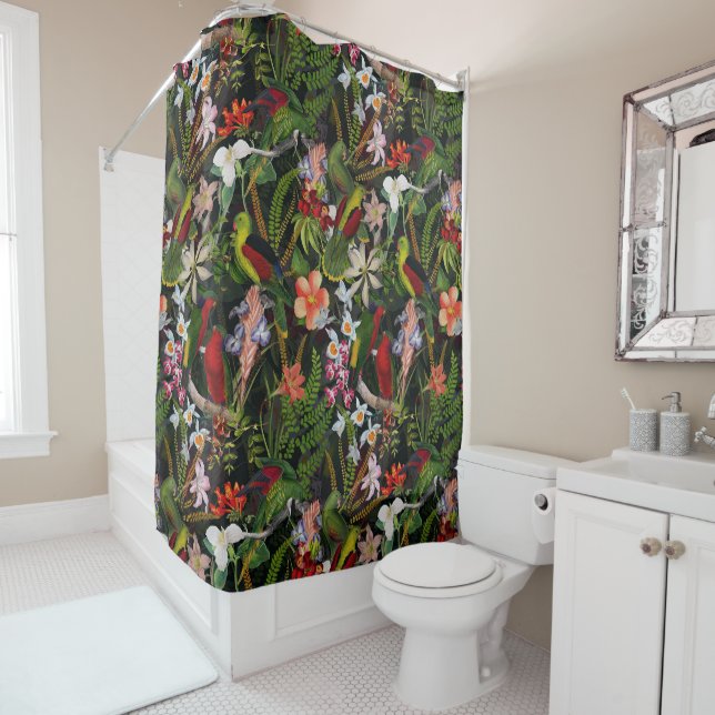Vintage Parrot Jungle 1 Pattern Shower Curtain (In Situ)