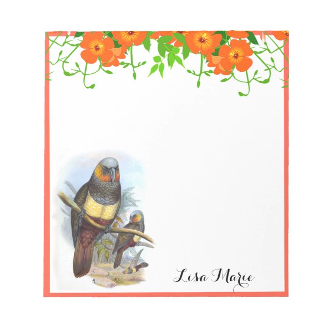 Vintage Parrot & Pretty Orange Flowers Personalzed Notepad (Front)