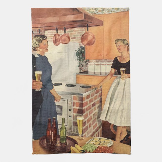 Vintage Party in the Kitchen, Beer and Appetizers Tea Towel (Vertical)