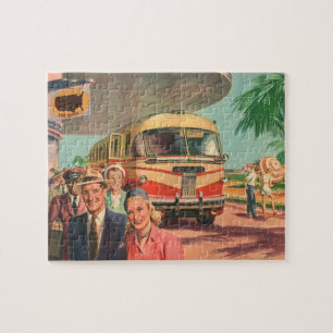 Vintage Passengers on Vacation at the Bus Depot Jigsaw Puzzle