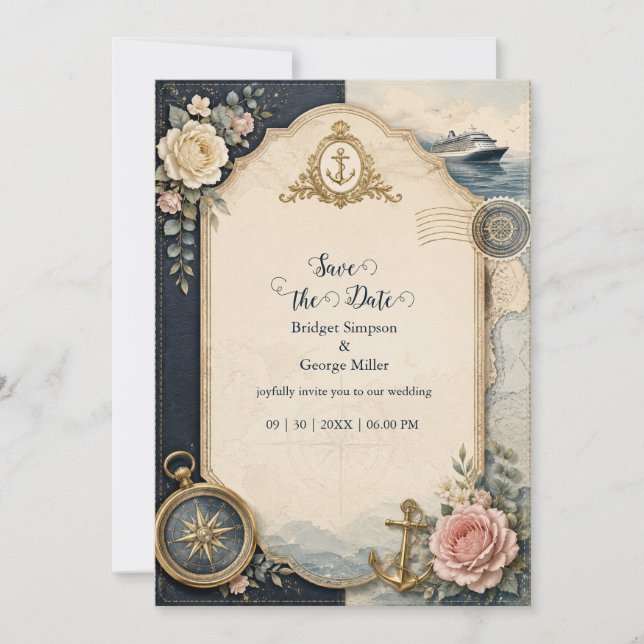 Vintage Passport Cruise Wedding Rose Map Invitation (Front)